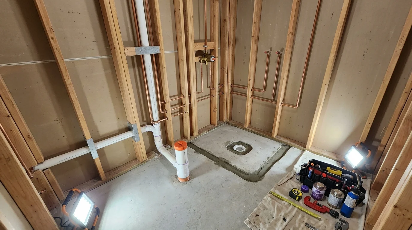 Bathroom rough-in plumbing during remodel by Johns Plumbing LLC in Howard Beach