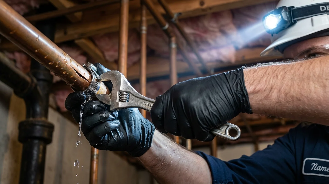 Emergency pipe clamp repair being performed by a Johns Plumbing LLC plumber in Howard Beach