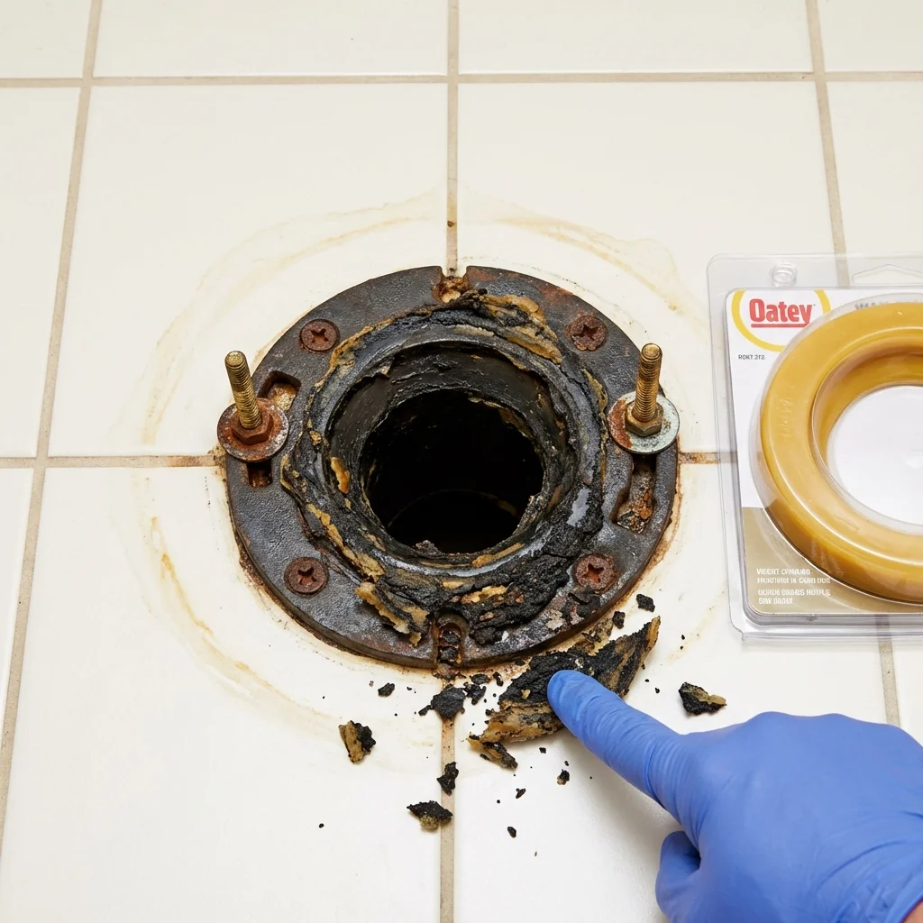 Failed wax ring showing water seepage at the base of a toilet in a Howard Beach, NY home