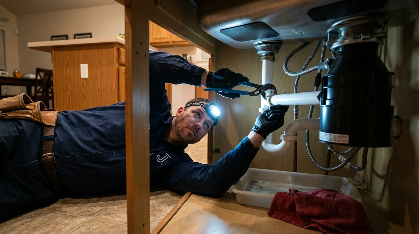 P-trap and supply line connections under a kitchen sink showing a common leak point in Howard Beach, NY